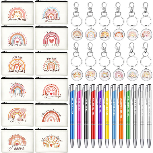 Chunful 36 Pcs Rainbow Canvas Makeup Bags Inspirational Gifts Bulk Keychains and Pastel Pens Motivational Cosmetic Bag for Mom Women Mother's Day Appreciation Gifts Birthday Party Favors