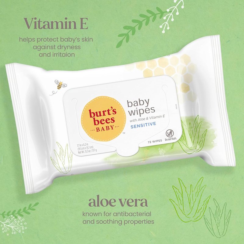 Burt's Bees Baby Wipes - Unscented Natural Aloe & Vitamin E for Sensitive Skin | 72 Wipes Per Pack