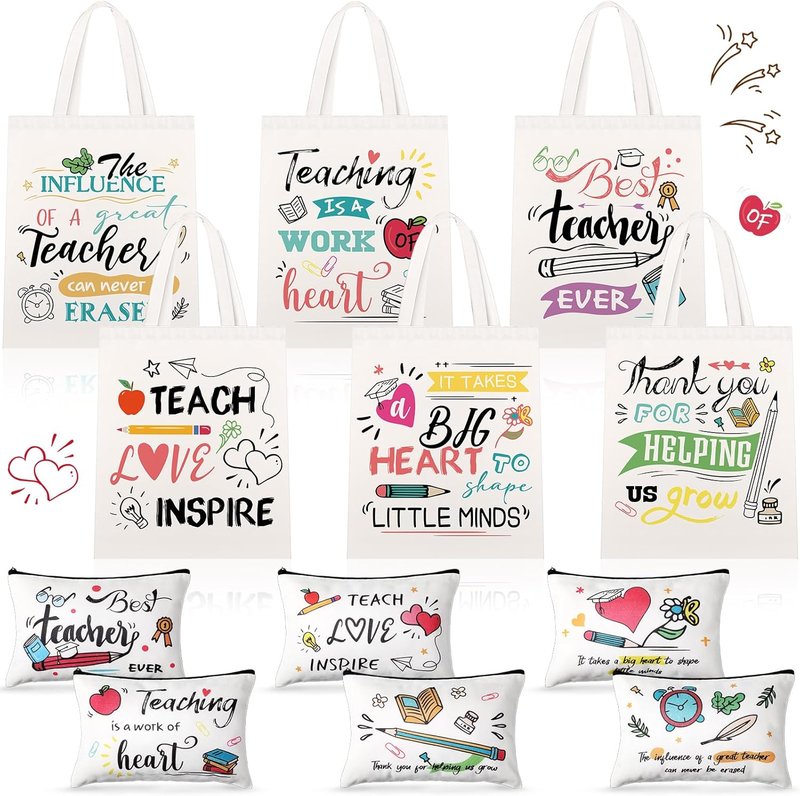Teacher Appreciation Gift - 12 Pcs Canvas Tote & Makeup Bag Set | Perfect Thank You Gift for Women