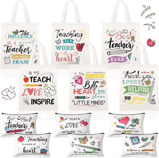 Teacher Appreciation Gift - 12 Pcs Canvas Tote & Makeup Bag Set | Perfect Thank You Gift for Women