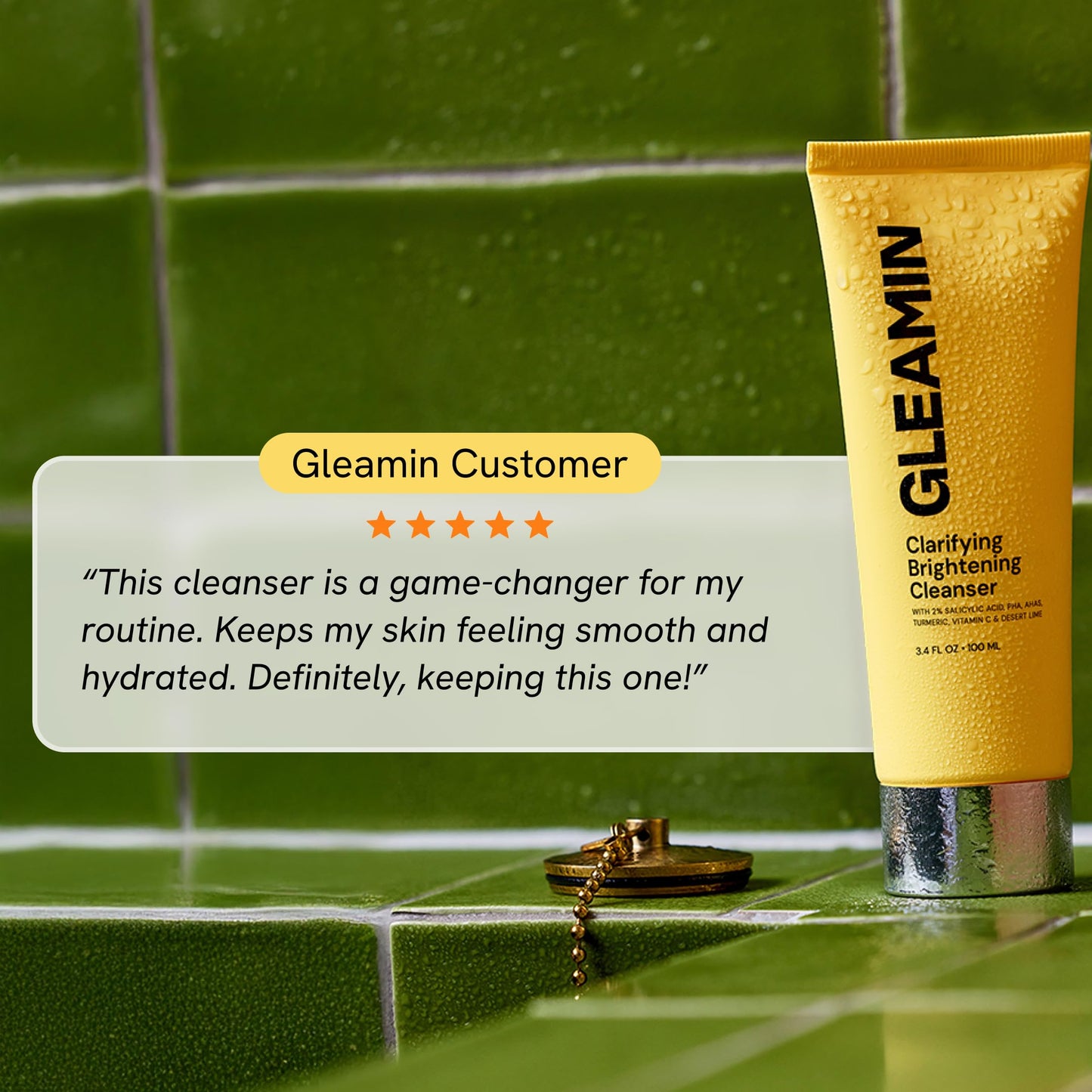 Gleamin Clarifying Brightening Cleanser - 2% Salicylic Acid with Vitamin C Facial Cleanser, PHA & AHA, Unclogs Pores, Gently Exfoliates for All Skin Types, Fragrance Free - 3.4 fl oz