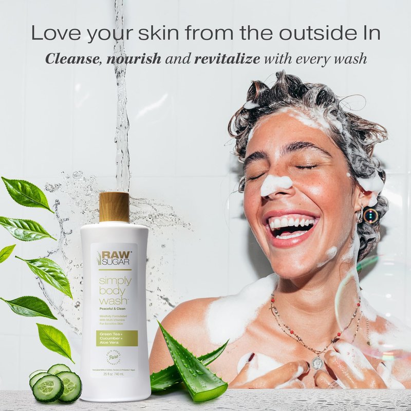 RAW SUGAR Green Tea Aloe Soother Gentle & Hydrating Body Wash, 25 Fl Oz (Pack of 3), Gentle & Soothing Bath & Shower Gel, Sensitive Skin-Friendly, Vegan, Formulated without SLS/SLES & Parabens