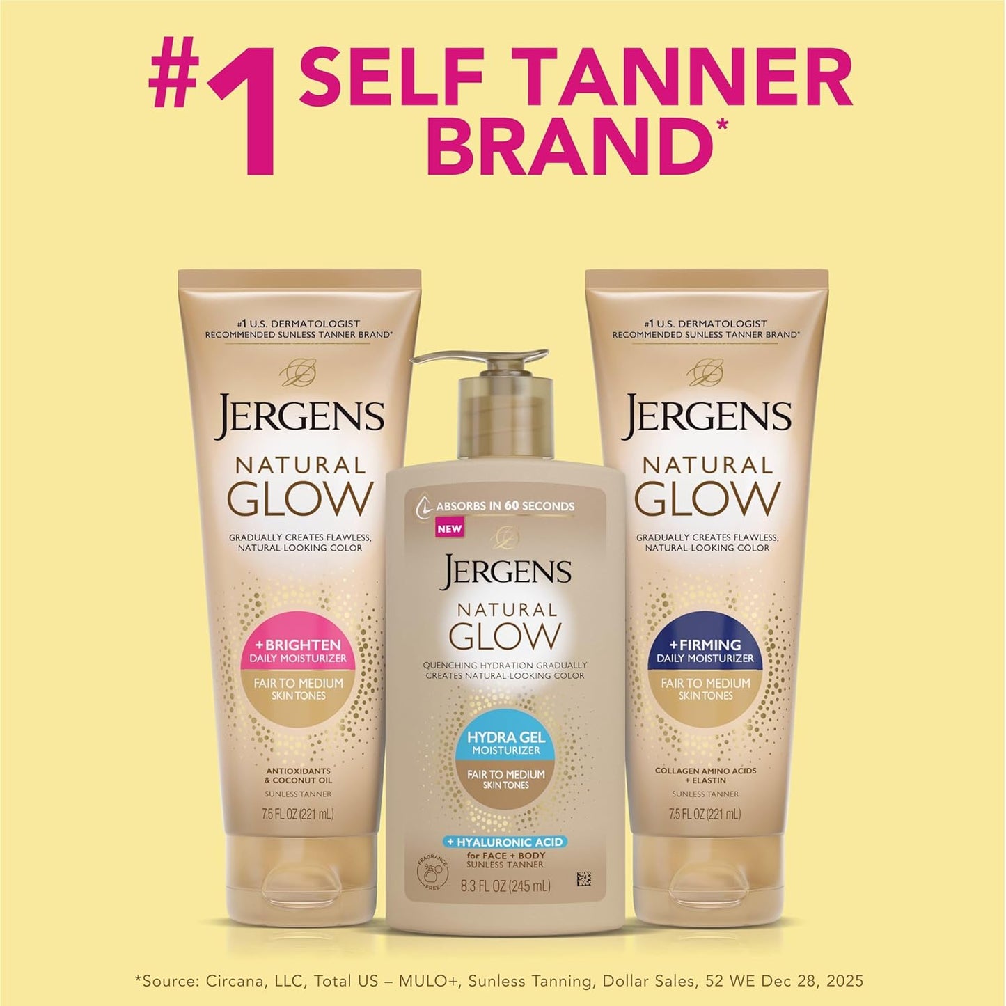 Jergens Natural Glow - Gradual Tanning Lotion with Hyaluronic Acid | Fragrance-Free, 8.3 Fl Oz for Fair to Medium Skin Tone