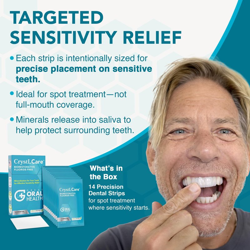 CrystLCare Tooth Sensitivity Treatment for Adults & Kids: Builds Relief with Use Targeted Sensitive Teeth Dental Strips for Nano Hydroxyapatite Enamel Remineralization & Tooth Enamel Repair (14 Count)