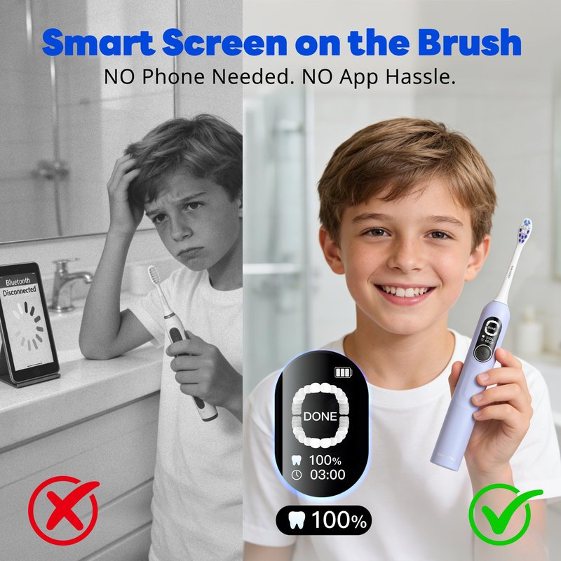 SAKYPRORAL Kids Electric Toothbrush for Boys Teens (6-15Y), Smart Screen with Brushing Score, Soft Bristles, Visual Timer for Braces, 150 Days Battery with Travel Case (Blue)