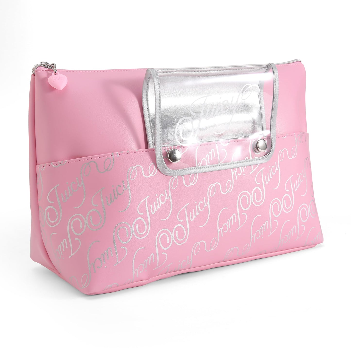 Juicy Couture Pink Makeup Bag Cosmetics Organizer Travel Essentials Removable Brush Holder Retro Style Faux Leather