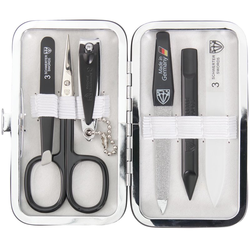 3 Swords Germany - Brand Quality 6 piece Manicure Pedicure Grooming kit Set - Scissors, Metal and Glass Nail File, Clipper, Tweezers with Synthetic Leather case - White/Black Tools