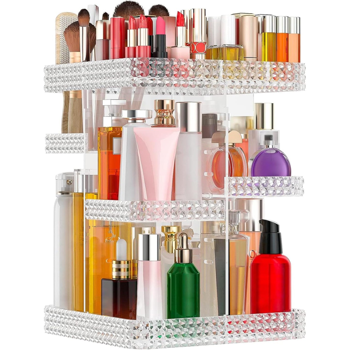 DALEMKY 360 Rotating Makeup Organizer - Black Acrylic Makeup Storage for Vanity, Cosmetic Organizer with Lotion and Perfume Holder for Dresser