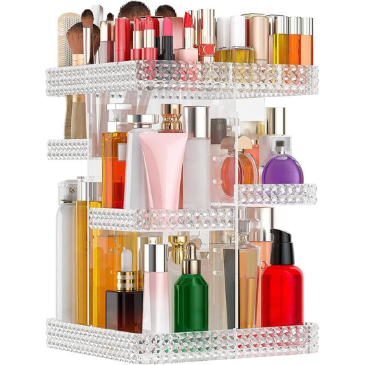 DALEMKY 360 Rotating Makeup Organizer - Black Acrylic Makeup Storage for Vanity, Cosmetic Organizer with Lotion and Perfume Holder for Dresser