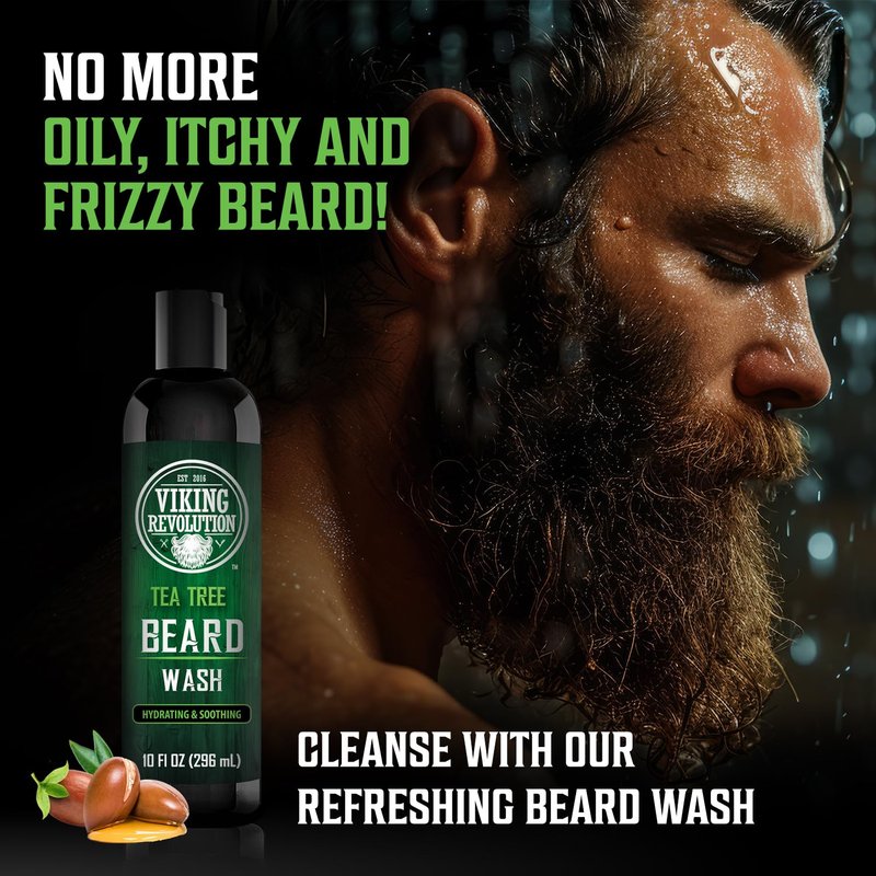 Viking Revolution Tea Tree Oil Beard Wash and Beard Conditioner For Men - Natural Beard Softener Set with Argan Oil, Vitamin E and Ginseng - Tea Tree Beard Shampoo and Conditioner Set (10 Oz)