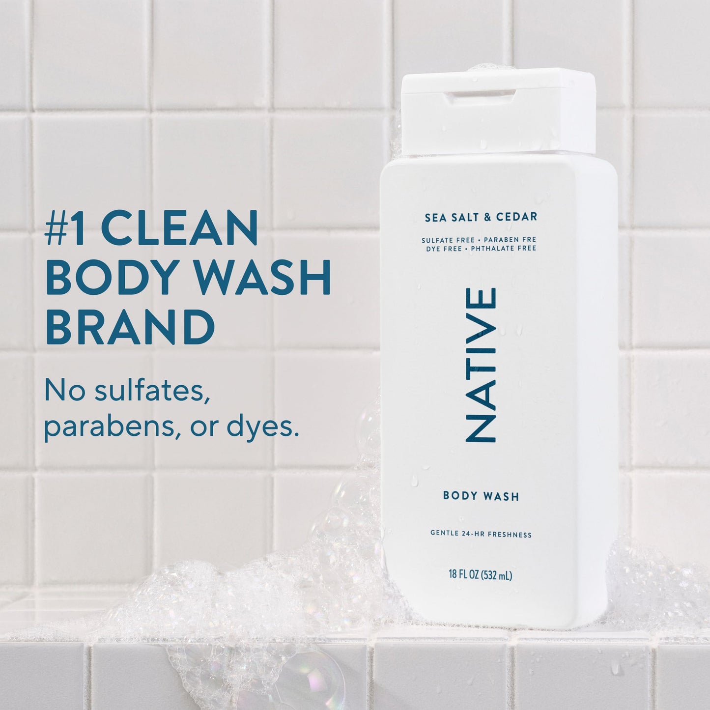 Native Clean Body Wash, Gentle & pH-balanced for Sensitive Skin, 24-Hr Freshness for Men & Women, Vegan & Cruelty-Free, Free of Sulfates, Parabens & Phthalates, Sea Salt & Cedar, 18 fl oz