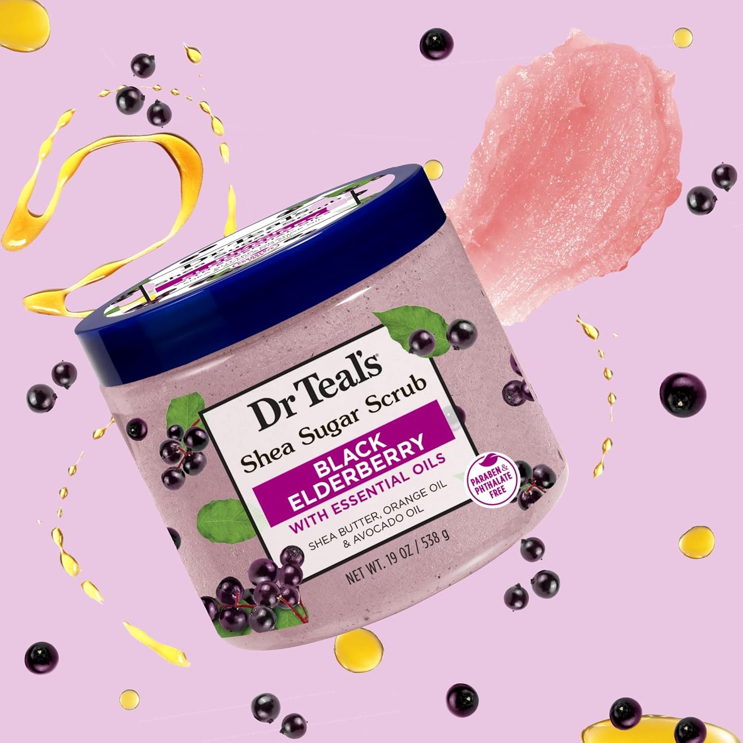 Dr Teal's Shea Sugar Body Scrub - Black Elderberry & Essential Oils | 19 oz (Pack of 3)