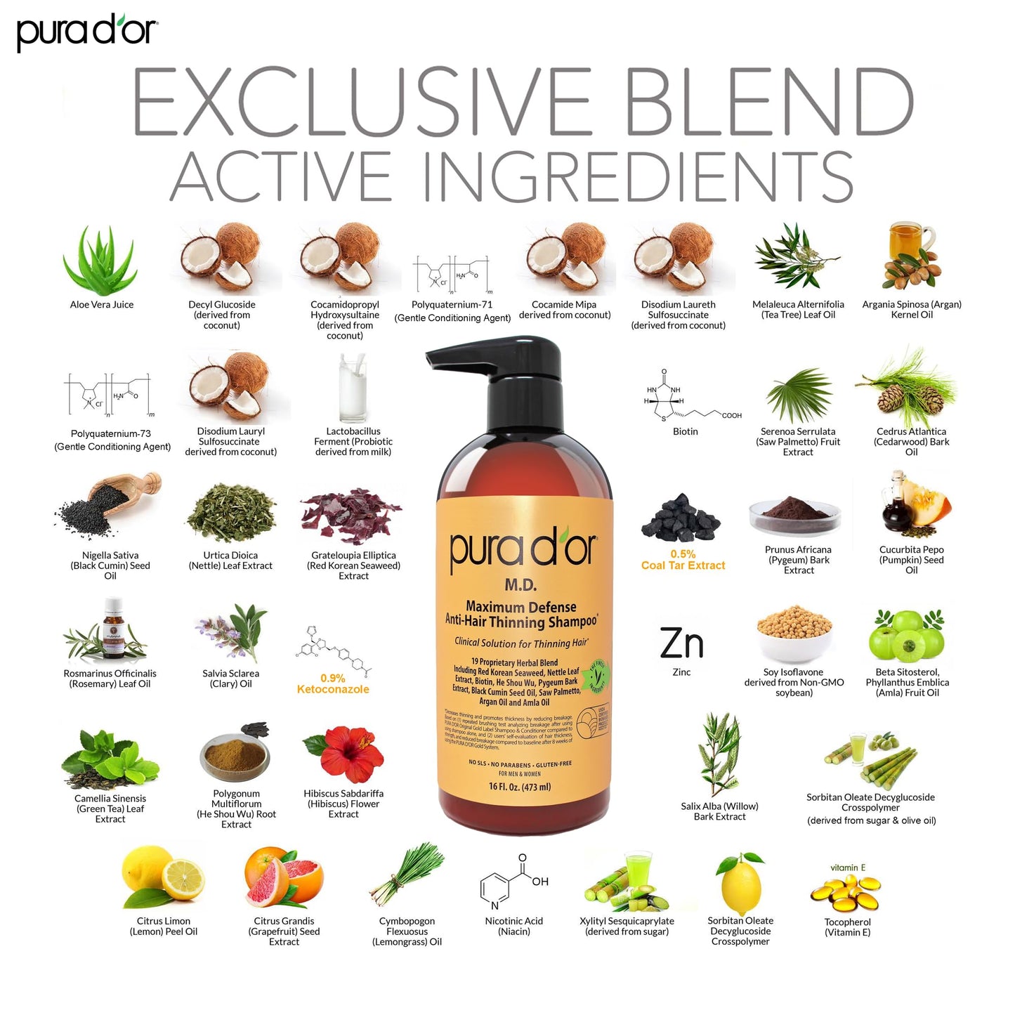 PURA D'OR MD Anti-Hair Thinning Maximum Defense Shampoo - 0.5% Coal Tar, Biotin, Proprietary Herbal Blend For Dry & Itchy Scalp, No Sulfates - For Men & Women, Strong Coal Tar Scent 16 Oz