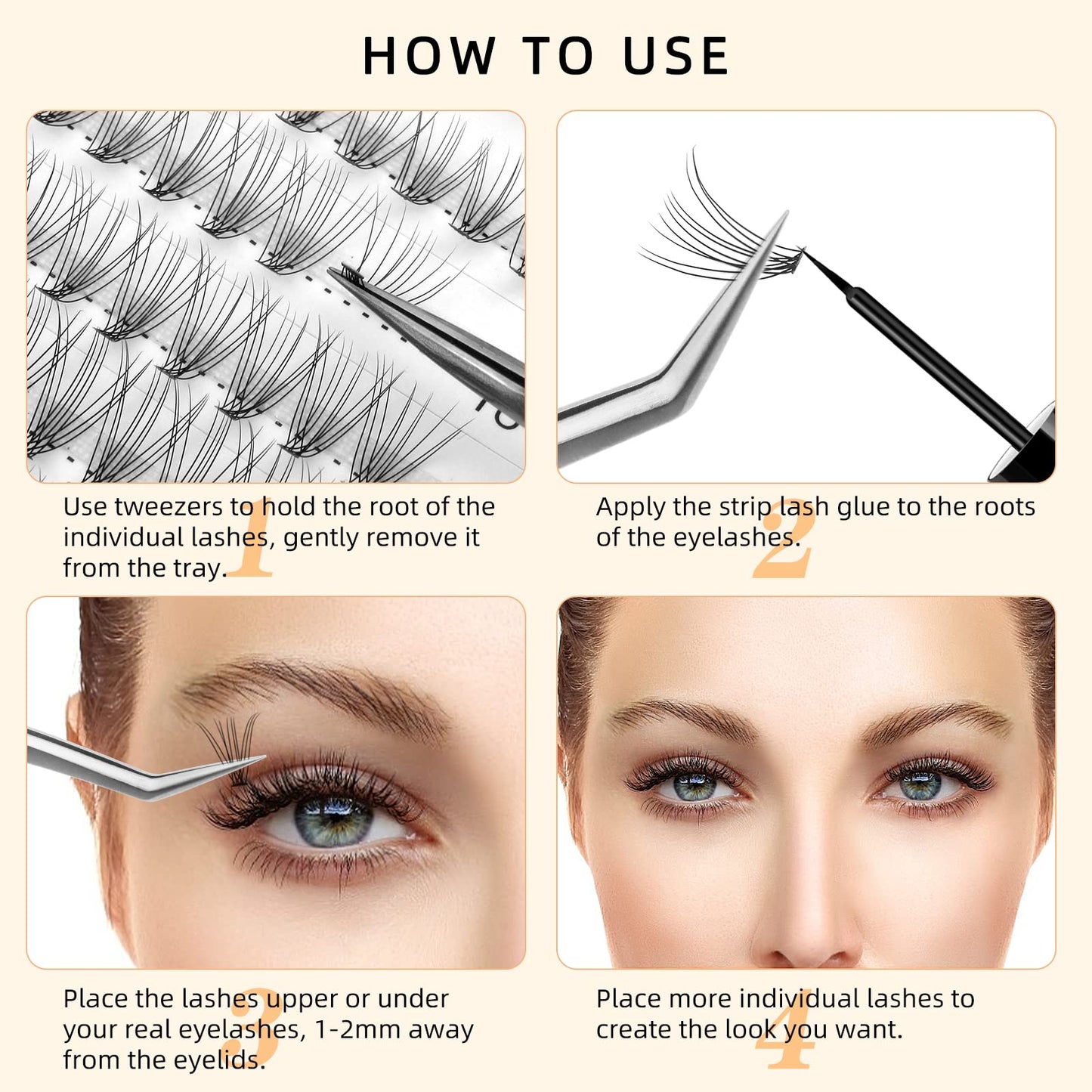 QUEWEL DIY Lash Extension Kit 240 Pcs Lash-Clusters-Kit, Eyelash Clusters Applicator Tool, Super Hold Cluster Lashes Bond and Seal, Clusters Eyelash Glue Remover Easy to Use at Home(10D+20D)