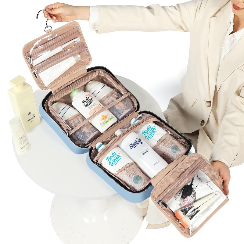 NISHEL Travel Toiletry Bag for women, Portable Hanging Organizer for Family-Sized Shampoo, Conditioner, Brushes Set, Makeup Accessories, Extra Large Size, Placid-Blue