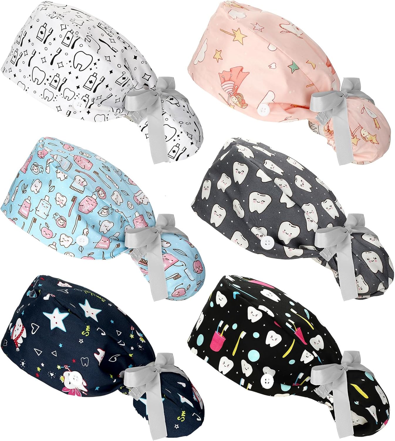 Nurse Caps for Women - Adjustable Bouffant Dental Scrub Hats | 6 Pcs Set in Various Colors