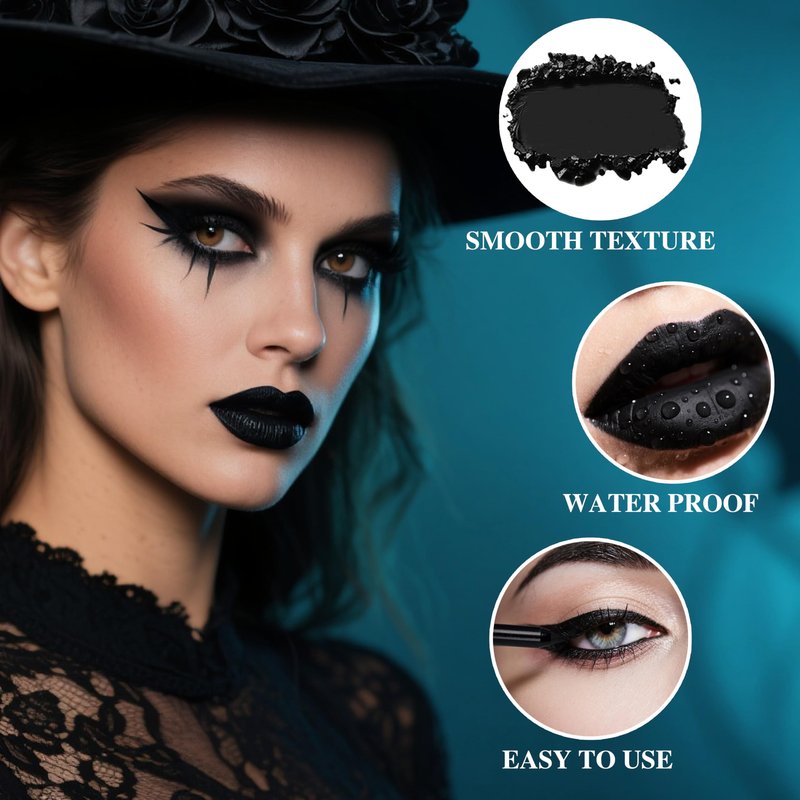 Black Eyeshadow Palette Liquid Lipstick Eyeliner Set with Mini Brush, Smokey Eye Shadow Black Lip Gloss lip liner Set, Smudge Proof Long-lasting, Suitable for Halloween Cosplay Goth Witch Makeup