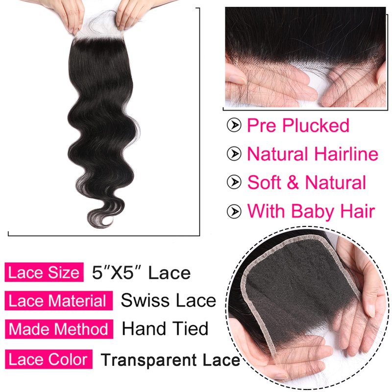 Lemoda 5x5 Closure Body Wave HD Transparent Lace Closure 12A Brazilian Virgin Human Hair Closure Pre Plucked with Baby Hair Natural Black 14 Inch