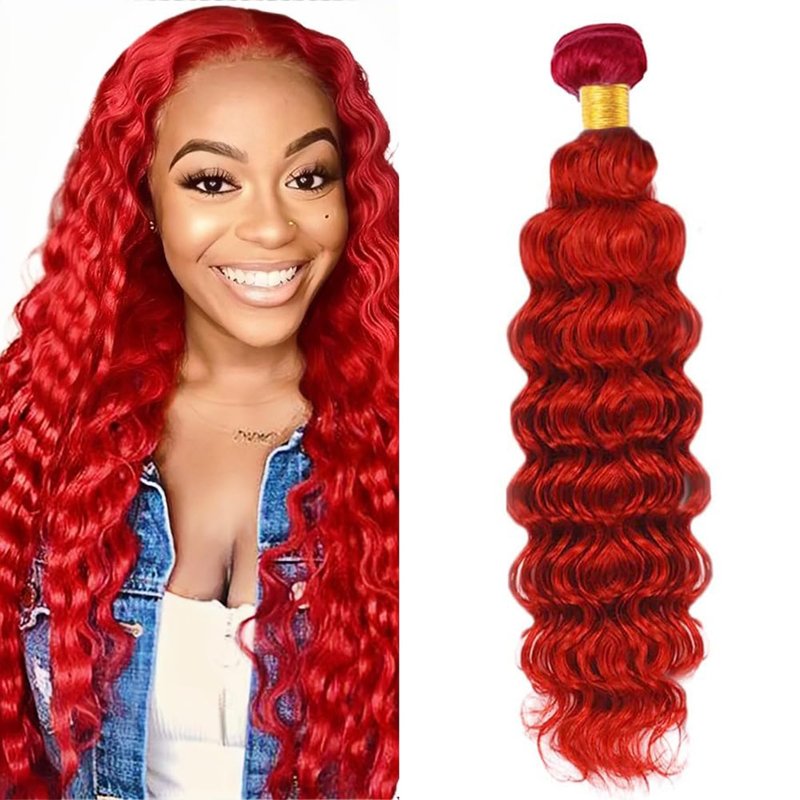 Red Human Hair Bundles Deep Wave 32 Inch Deep Single Bundle Human Hair Light Red Color Unprocessed Native Virgin Hair 100g Total Double Weft Crochet Human Hair Extensions for Women