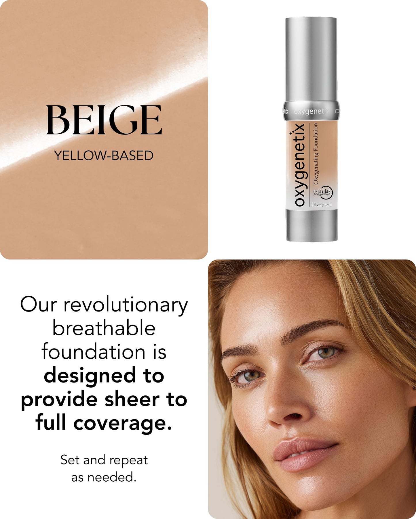 Oxygenetix Oxygenating Foundation – Beige | Breathable Makeup for Face | Buildable Coverage with Weightless Feel | Longwear Foundation for Women | Safe for Sensitive or Laser-Treated Skin