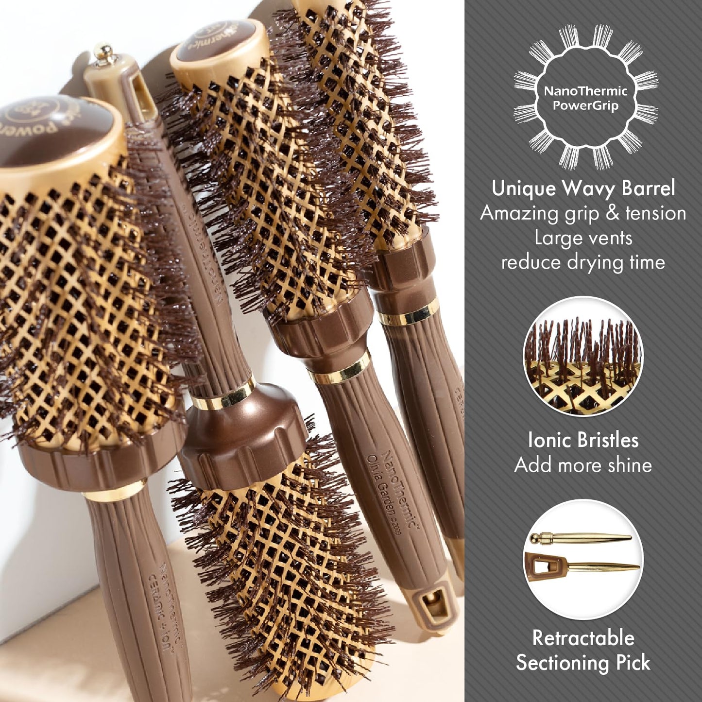 Olivia Garden NanoThermic PowerGrip Thermal Round Hair Brush - Not Electrical - Ceramic Blowout Brush for Medium to Thick Hair, 1 3/4 inch