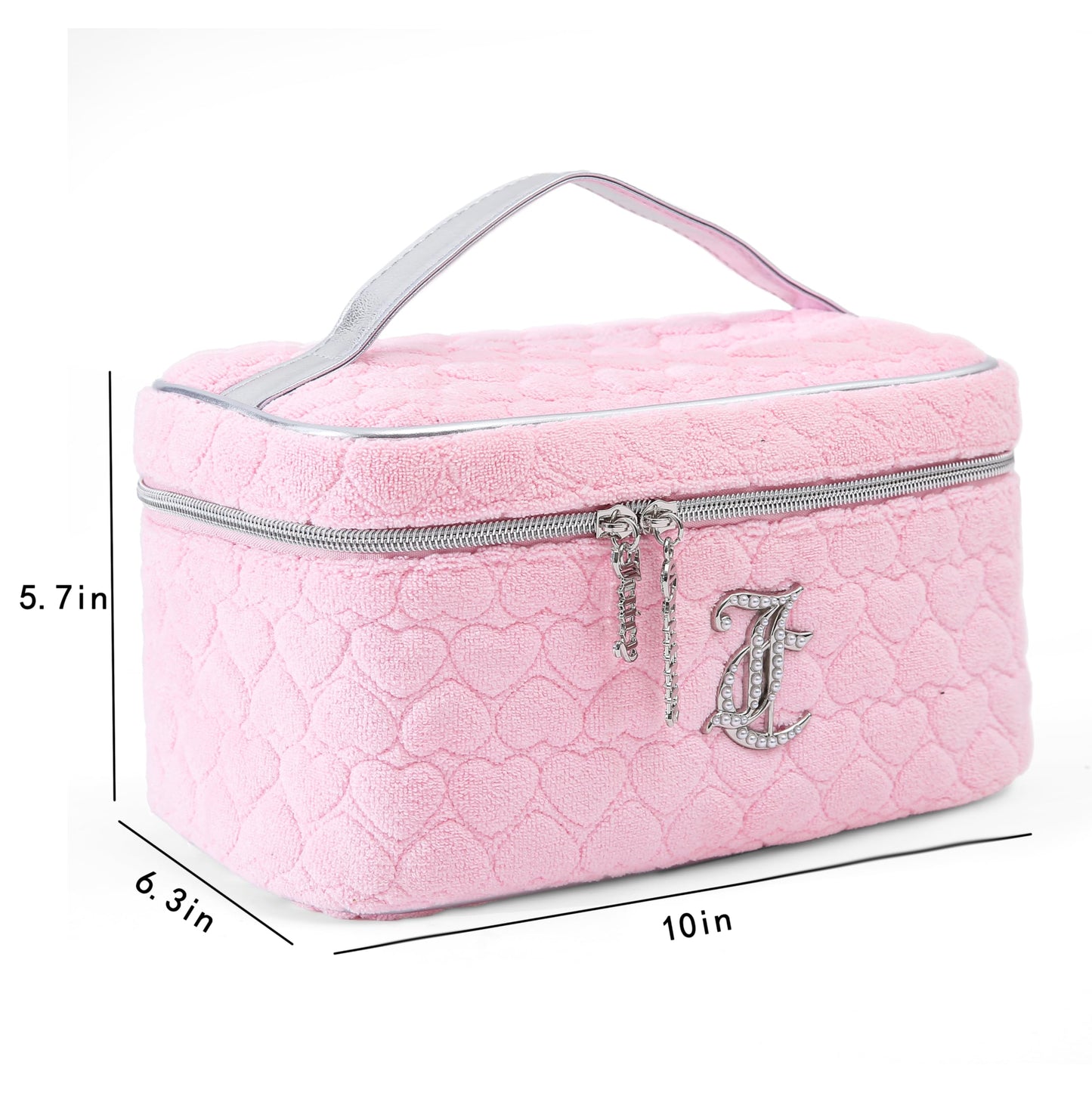Juicy Couture Pink Makeup Bag Cosmetics Organizer Travel Essentials Train Case Terry Cloth Simulated Pearl Logo