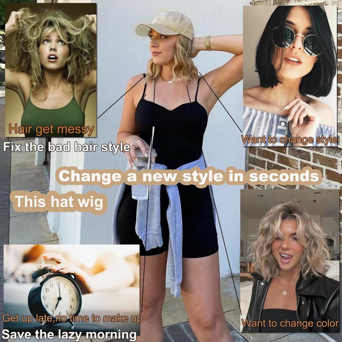 AliRobam Synthetic Wig Hat with Natural Wave Hair Extensions Attached for Woman Baseball Cap Wig Mix Brown Blonde Short Curly Wavy Hairstyle Adjustable Daily Outdoor Use(Mbrown blonde, 14inch)