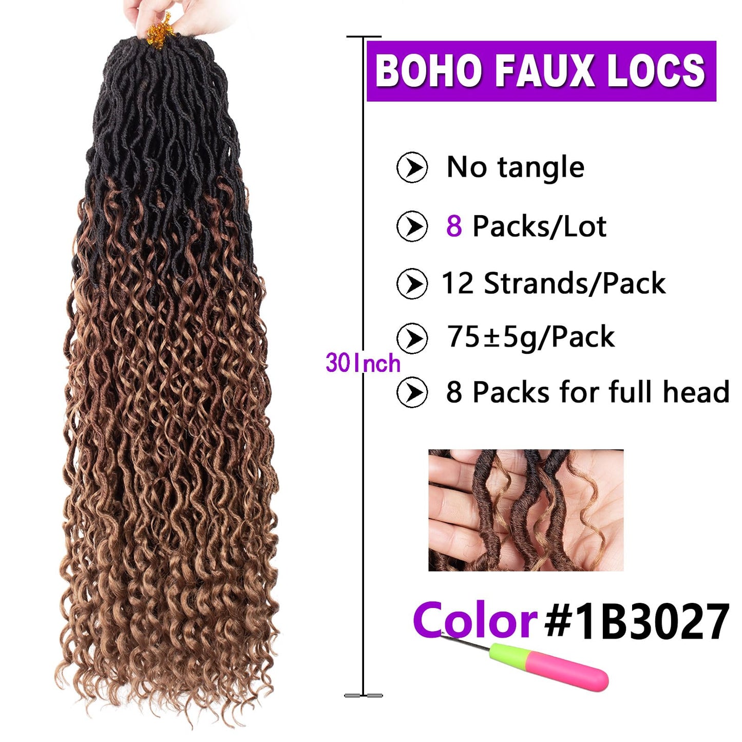 ZRQ 30 Inch Goddess Locs Crochet Hair 8 Packs Ombre Boho Faux Locs Crochet Braids, 3Tone Pre looped Bohmian Locs With Curly End Synthetic Boho River Locs Hair Extension 1B3027#