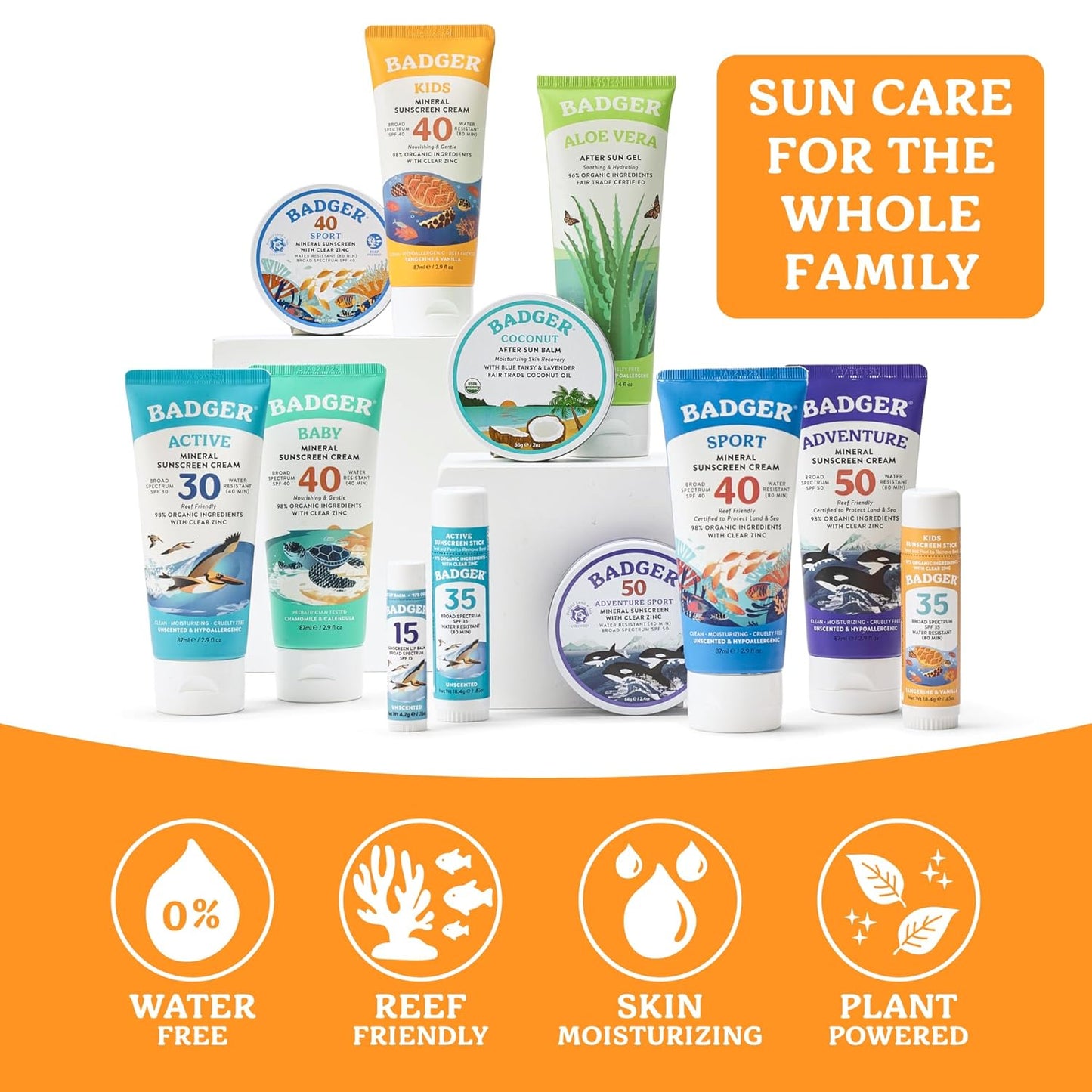 Badger Kids Mineral Sunscreen - SPF 40 Cream & SPF 35 Face Stick | 98% Organic, Water Resistant, Reef Safe, Tangerine & Vanilla Scent