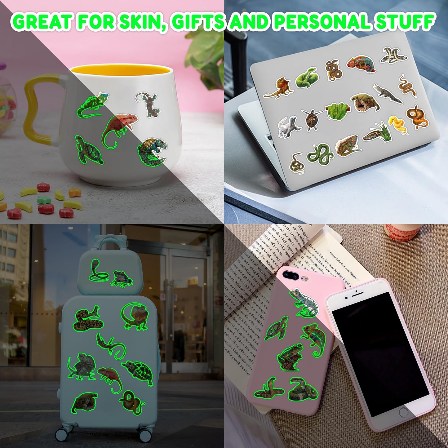 96 PCS Reptile Luminous Temporary Tattoos Glows Pre-Cut Birthday Party Decorations Favors Supplies Lizard Snake Turtle Safari Animals Stickers For Boys Girls Gift School Prizes Rewards (Luminous)