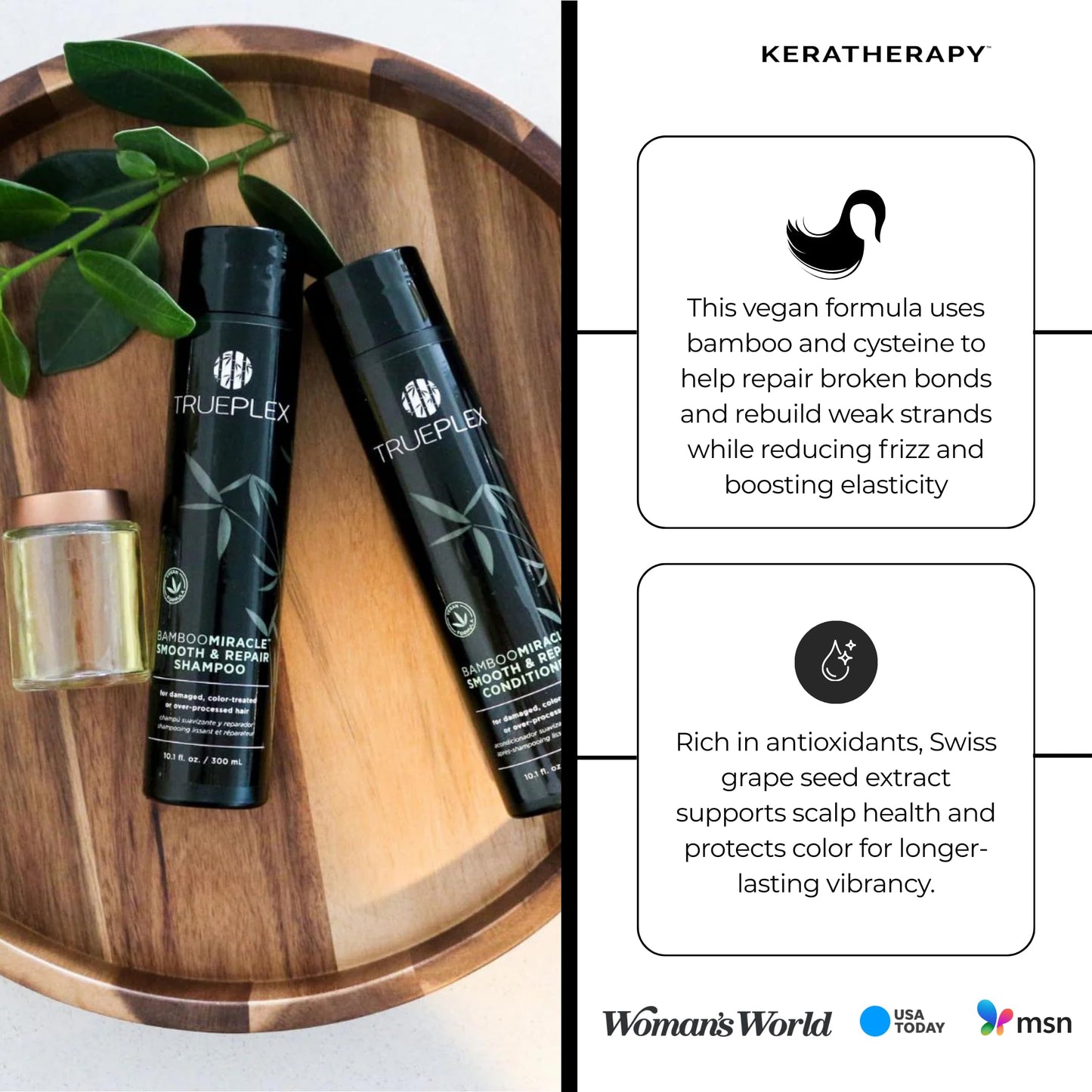 Trueplex KERATHERAPY Bamboo Miracle Smooth & Repair Shampoo, 10.1 oz., 300 ml - Vegan Cleansing Formula for Damaged & Frizzy Hair - Hydrating & Smoothing with Grape Seed, Baobab, & Bamboo Extract