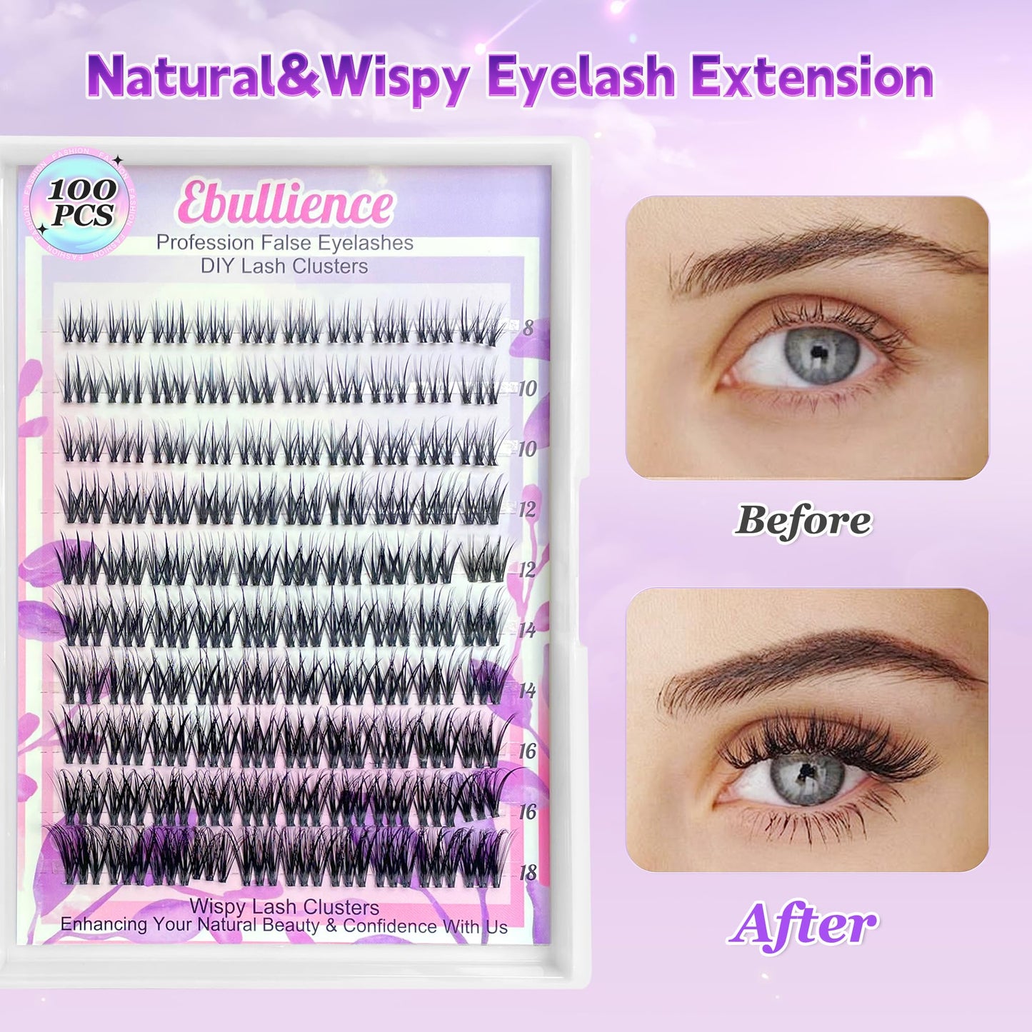 Lash Clusters D Curl Invisible Soft Ultra-Thin Band Clusters Lashes Eyelashes Individual Lashes DIY Lash Extensions at Home False Lashes Wide Band Wispy Eye Lash Clusters 0.06D 8-18 MIX 100pcs