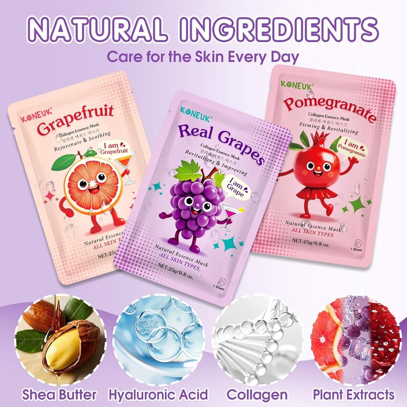 Collagen Hydrating Face Masks - 70 Pack Cute Fruit Sheet Masks | Spa Party Supplies for All Skin Types