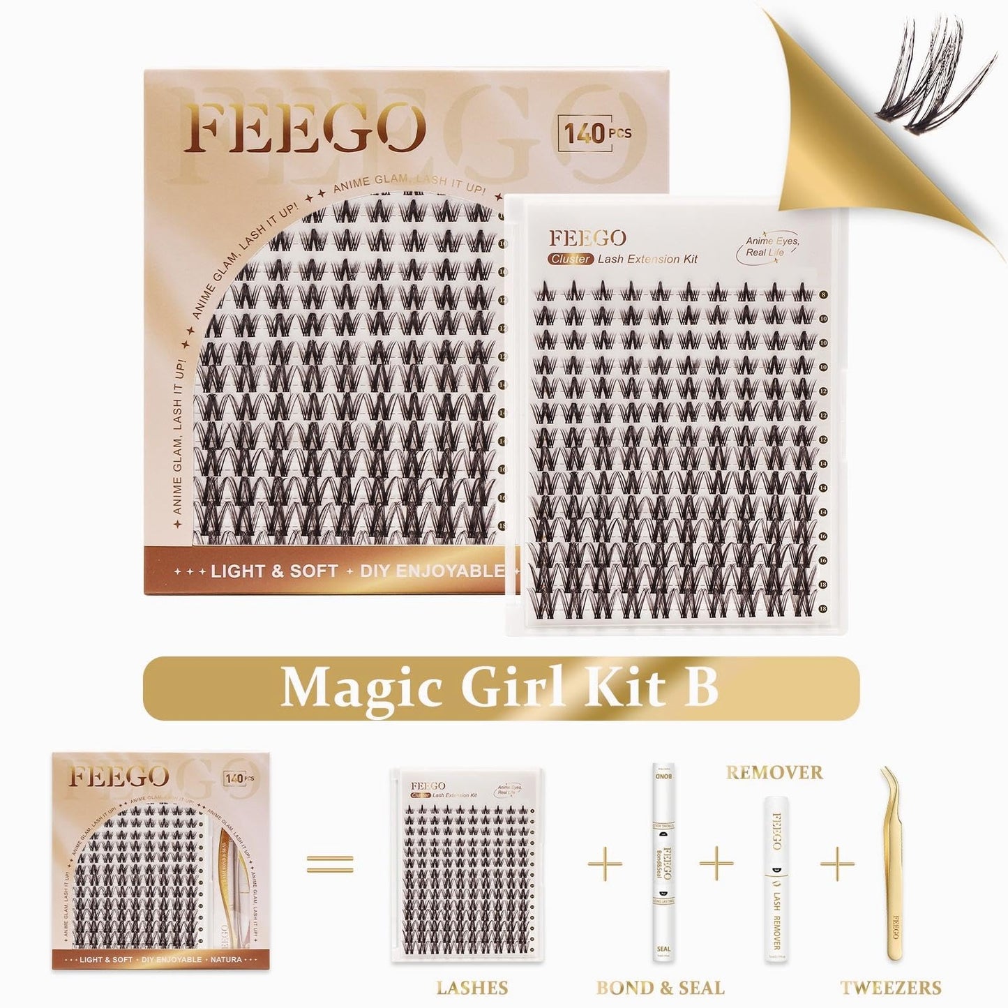 FEEGO Natural Lash Extension Kit 168Pcs Lash Clusters Kit Wispy Eyelash Extensions Individual Lashes Extensions with Bond and Seal Lash Glue and Eyelash Extension Tweezers DIY (MAGIC GIRL KIT - B)
