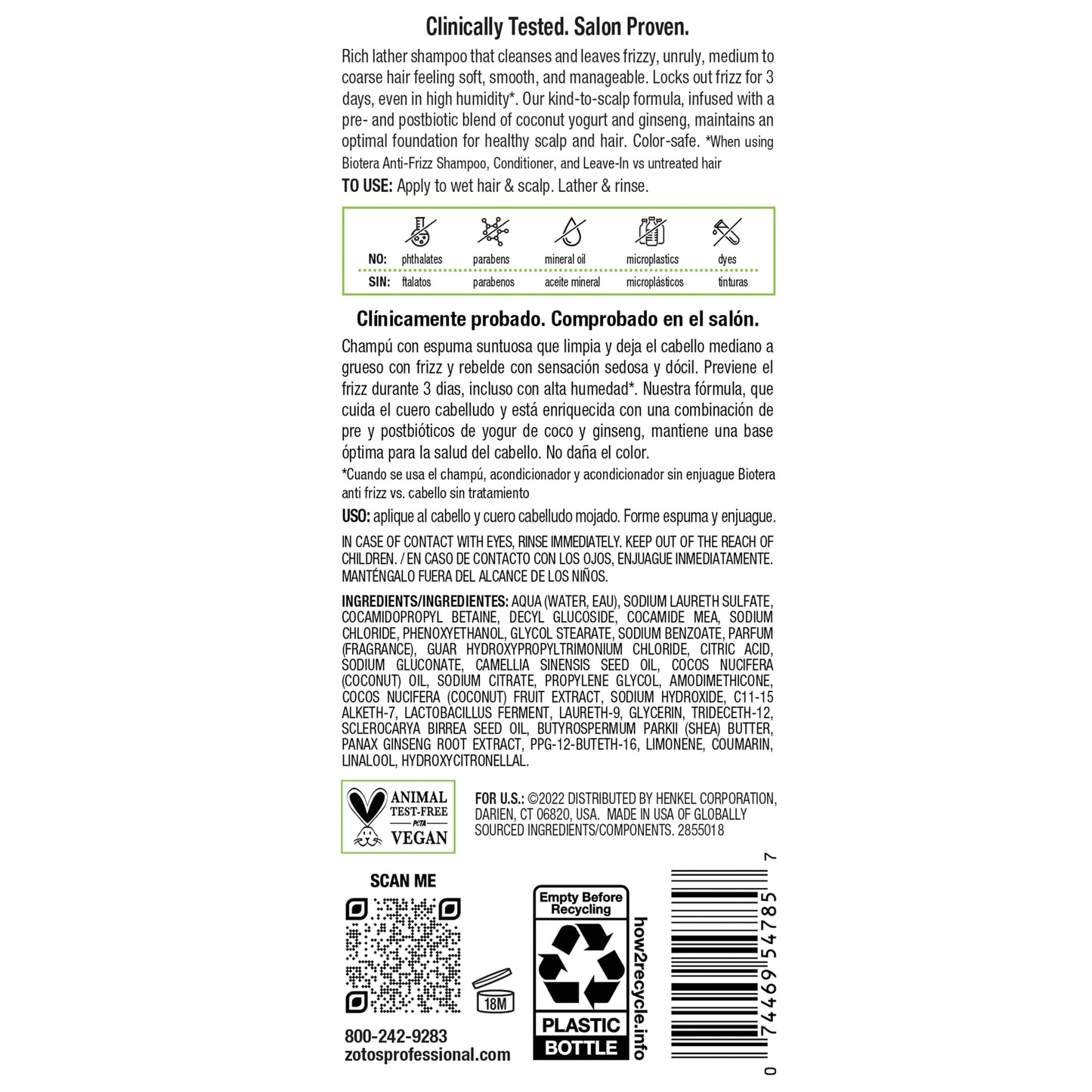 Biotera Anti-Frizz Smoothing Shampoo for Frizzy, Unruly Hair, Smooths & Controls Frizz with Coconut & Camellia Seed Oil, Leaves Hair Soft & Smooth, Color-Safe, Vegan, Paraben-Free, 32 Fl Oz