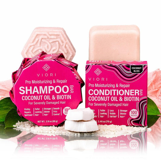 Viori Coconut Advanced Repair Shampoo & Conditioner Bar Set – Longsheng Rice Water & Jojoba Esters – Sulfate-Free, Eco-Friendly, Travel Bars for Dry or Damaged Hair