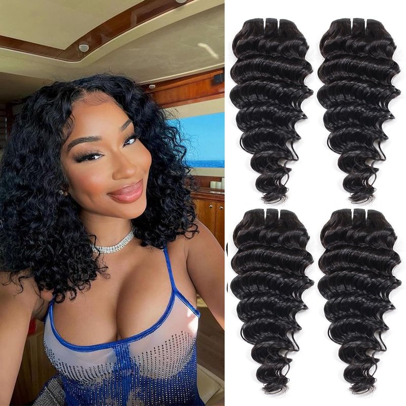 JTdebade Deep Wave Human Hair 4 Bundles 12 Inch Human Hair 100% Unprocessed Virgin Hair 12A Grade Natural Color Hair Extensions for Black Women(12'' 12'' 12'' 12'')