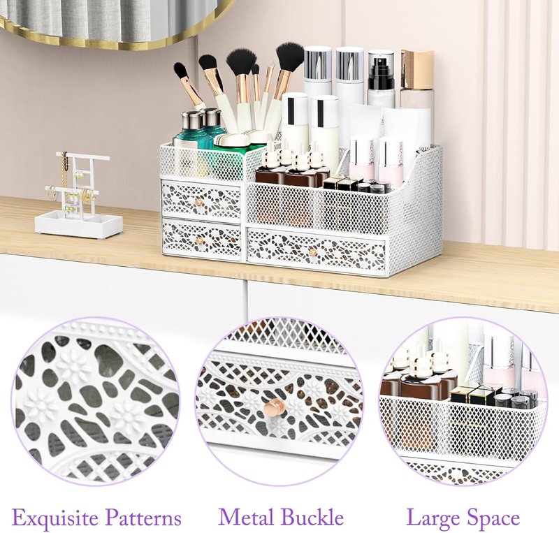 Lamesa Makeup Organizer - Large Metal Vanity Storage for Cosmetics & Skincare | White