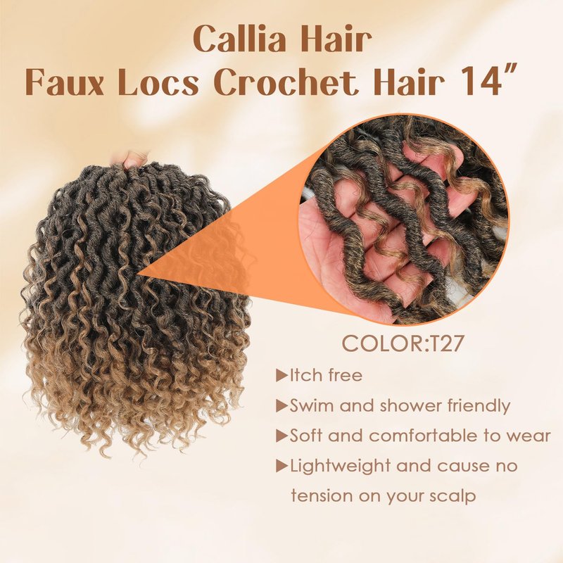 Callia Faux Locs Crochet Hair 14 Inch 8 Packs Goddess Locs Crochet Hair for Black Women Pre Looped Boho Faux Locs with Curly Ends T27