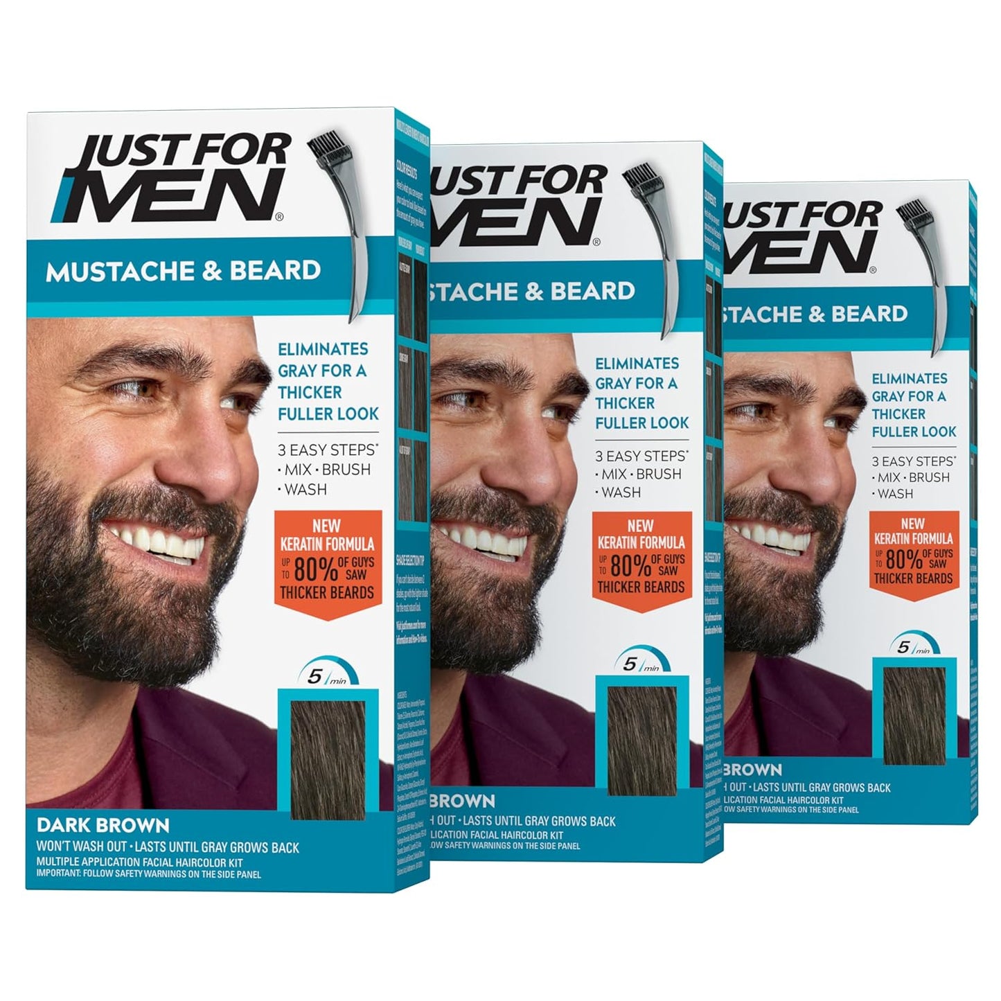 Just For Men Mustache & Beard Dye - Keratin & Biotin Formula for Healthy Facial Hair | Dark Brown, Pack of 3