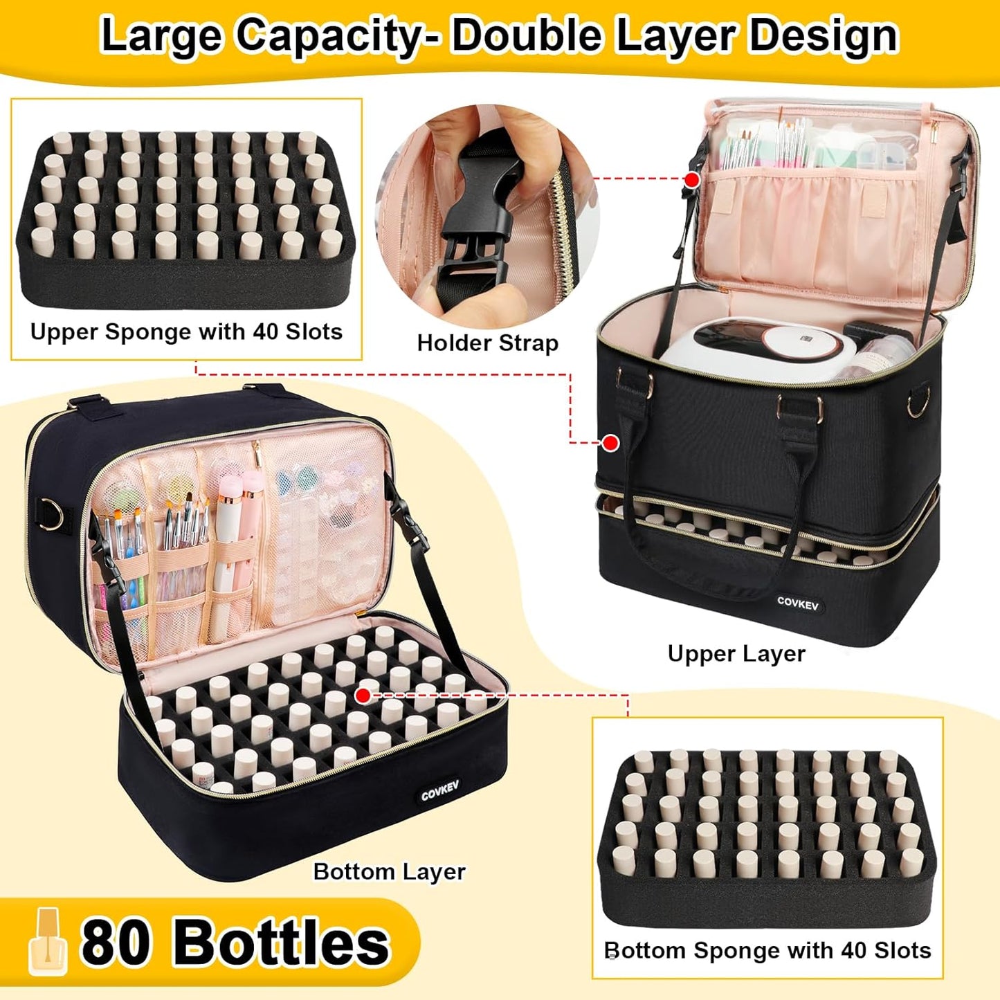 Nail Polish Organizer - Holds 80 Bottles & Nail Lamp | Double Layer Travel Case with Handle - Black & Gold