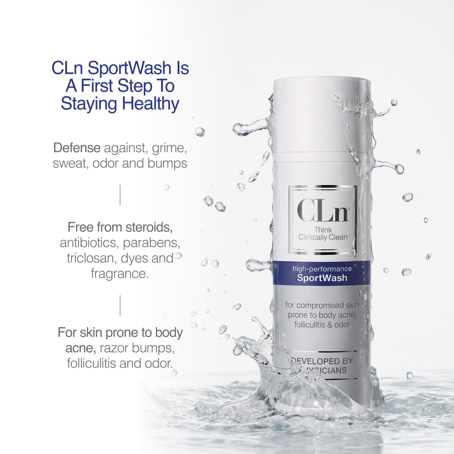 CLn® SportWash – High-Performance Sport Body Wash, For Men & Women Prone to Body Odor, Foot Odor, Ringworm, Folliculitis, & Back Acne, Fragrance-Free & Paraben-Free, 3.4 fl. oz.