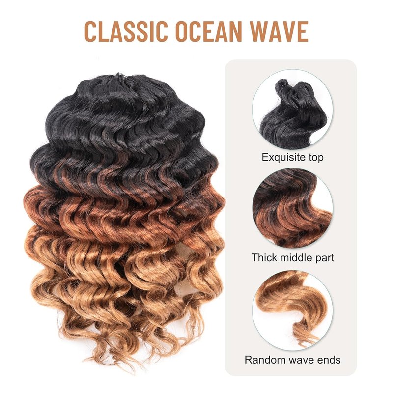 Ocean Wave Crochet Hair Extensions - 9 Inch Ombre Brown Short Curly Deep Wave | 8 Packs, Synthetic (OT30/27)