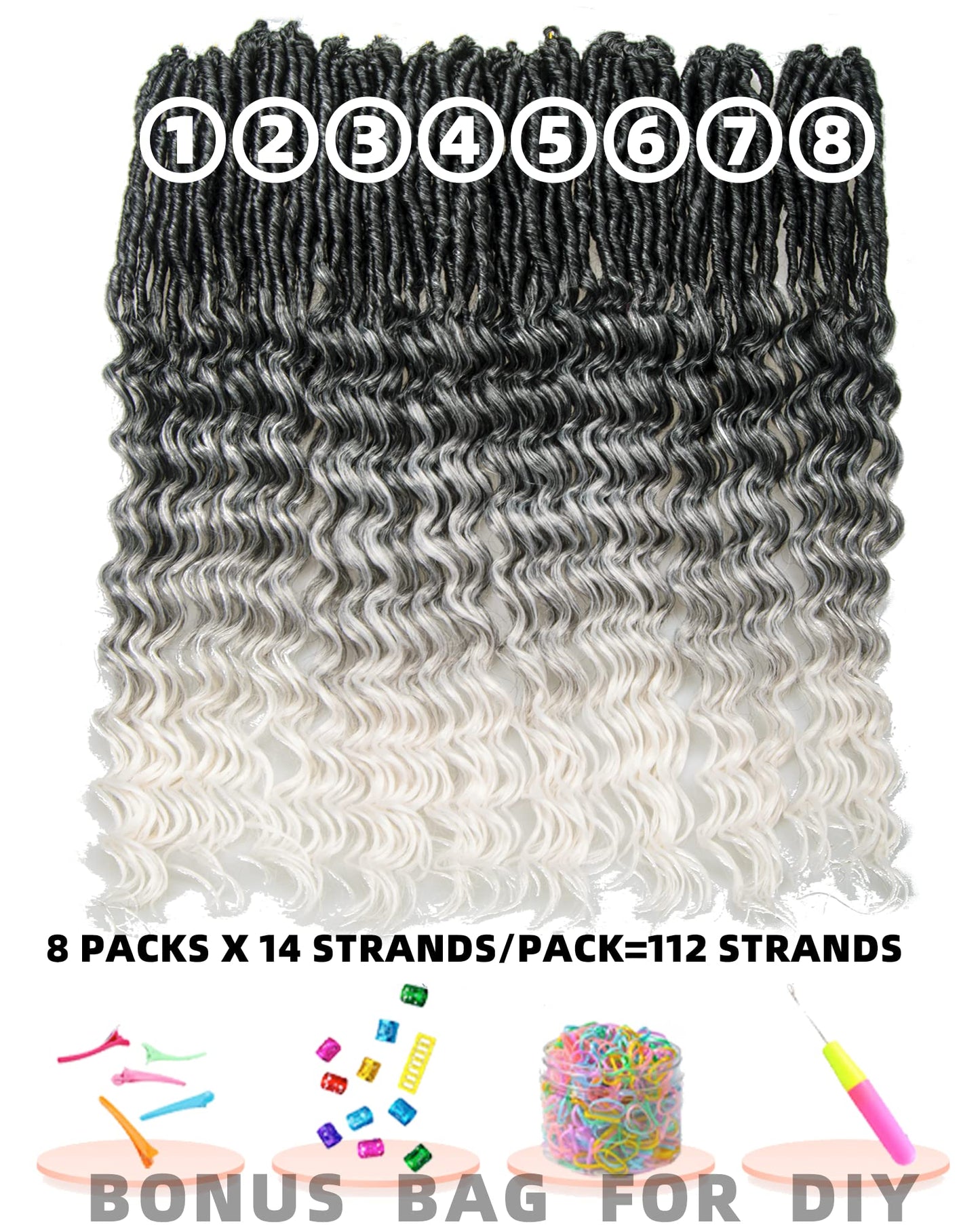 Faux Locs Crochet Hair for Black Women- 24 Inches 8 Packs Pre Looped Ombre Grey to White Synthetic Hair Extensions, Soft Goddess Locs Braids with Long Deep Wave Curly Ends(112 Strands,Tgrey/613)