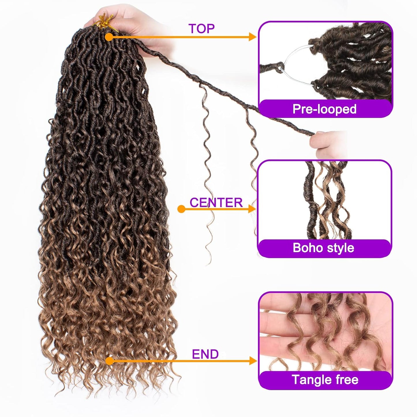 Boho Faux Locs Crochet Hair - 24 Inch Ombre Goddess Locs | 8 Packs Curly Ends Hair Extensions T27#