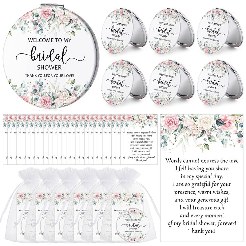 XunYee 24 Sets Bridal Shower Favors for Guests Flower Design Makeup Mirrors Leather Compact Mirrors Bridal Thank You Cards with Organza Bags Bridesmaid Gifts Wedding Party Favors Supplies (Pink)