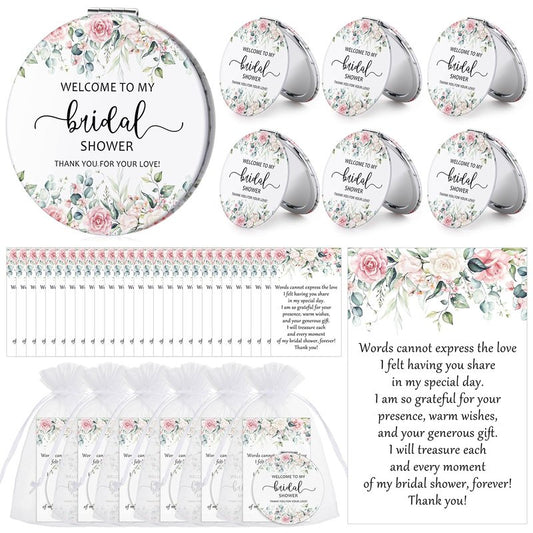 XunYee 24 Sets Bridal Shower Favors for Guests Flower Design Makeup Mirrors Leather Compact Mirrors Bridal Thank You Cards with Organza Bags Bridesmaid Gifts Wedding Party Favors Supplies (Pink)