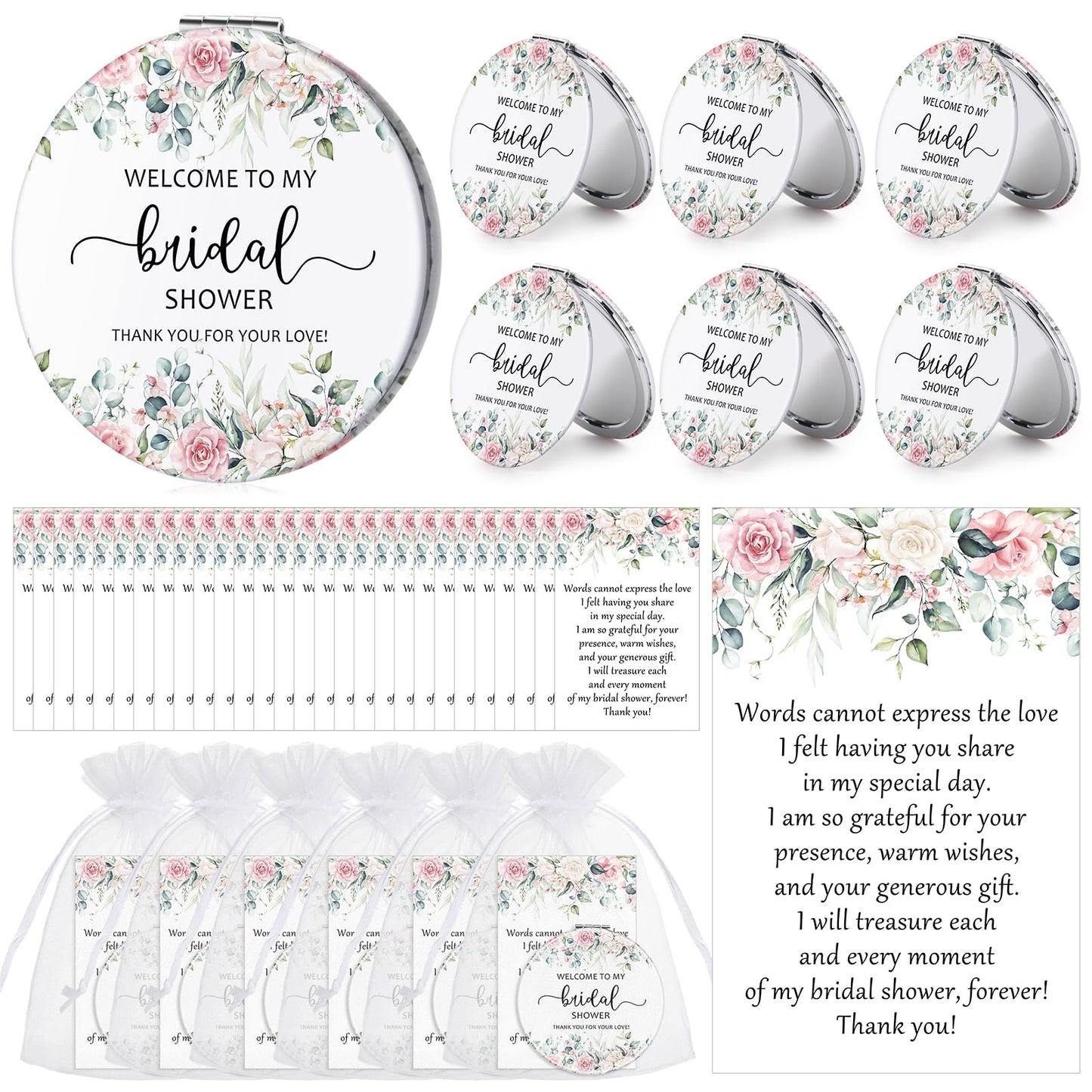 XunYee 24 Sets Bridal Shower Favors for Guests Flower Design Makeup Mirrors Leather Compact Mirrors Bridal Thank You Cards with Organza Bags Bridesmaid Gifts Wedding Party Favors Supplies (Pink)