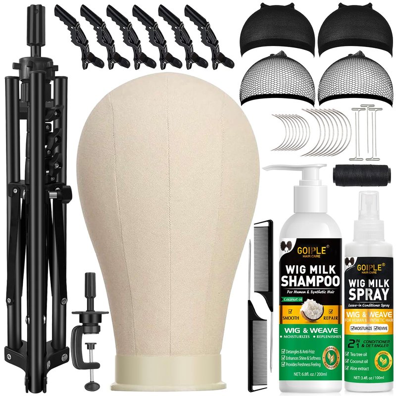 Wig Stand Tripod Metal Adjustable Mannequin Head Stand - Mannequin Wig Head with Mount Hole, Manikin Head for Wigs Making, Drying, Styling and Display - Wigs Shampoo & Milk Spray T Pins Hair Cap Set