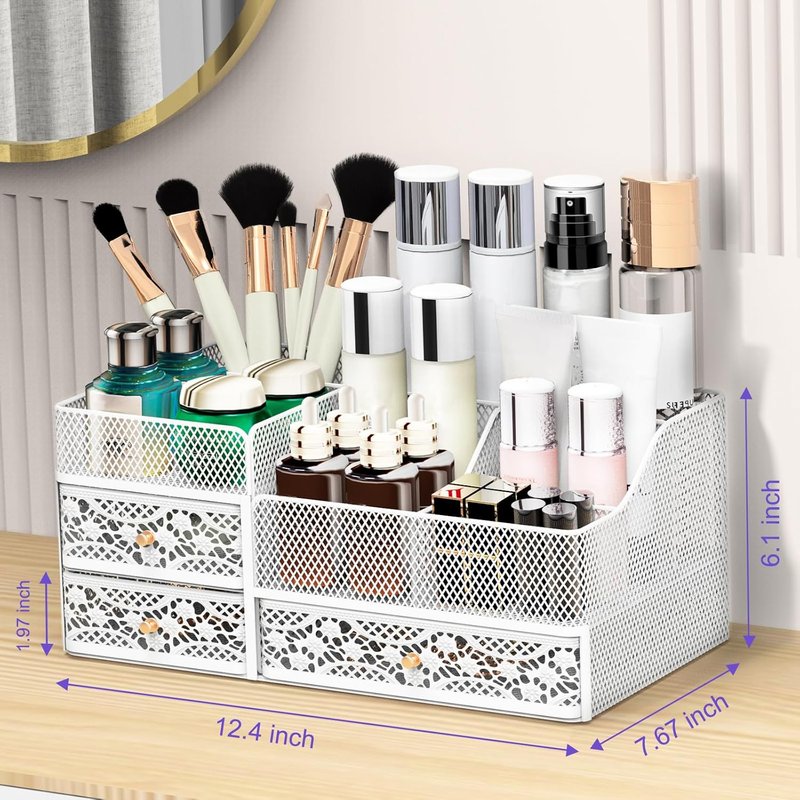 Lamesa Makeup Organizer - Large Metal Vanity Storage for Cosmetics & Skincare | White